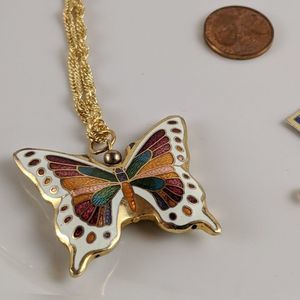 Vintage Cloisonne Rainbow Butterfly 24" Necklace